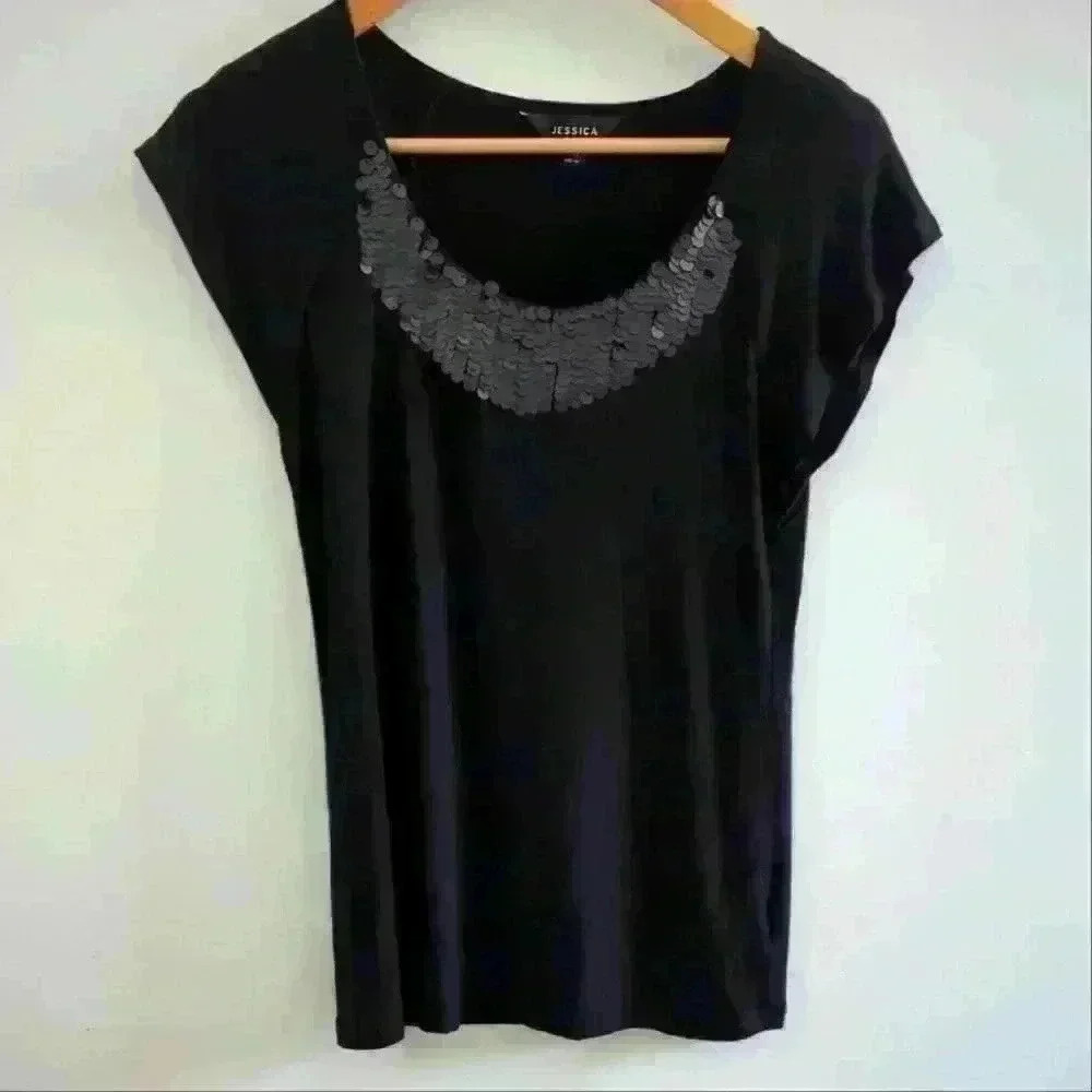 JESSICA | Women's Black Sequined Short Sleeve Stretchy Top